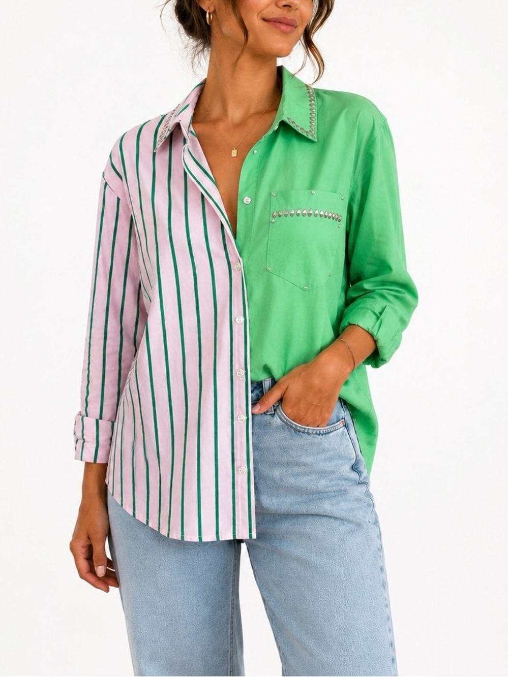 Green & Pink Striped Jewel Dolly Parton Trubute  Button-Up Shirt S